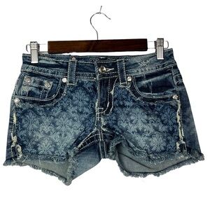 Miss Me Fleur De Lis Print Bling Denim Shorts 25
